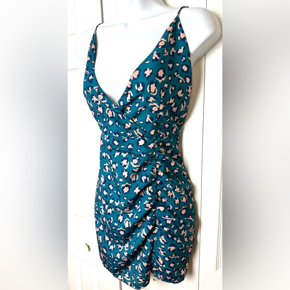 SUPERDOWN Revolve Mia Mini Dress Leopard Animal Print Blue Green Teal Ruched - Picture 7 of 15